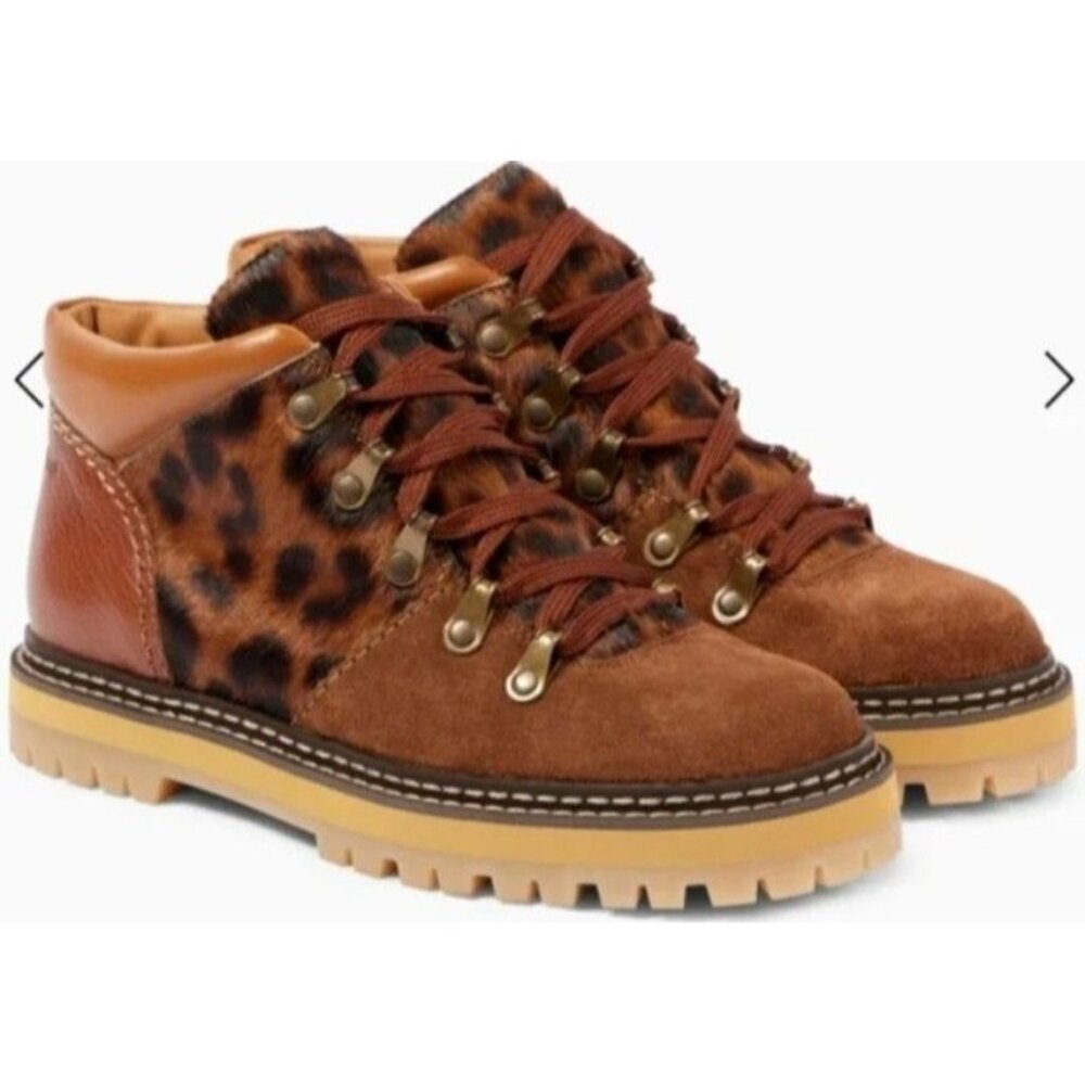 SEE BY CHLOE Eileen Leopard Suede Leather Lace-up Boots Size 39 US 8 8.5 NEW